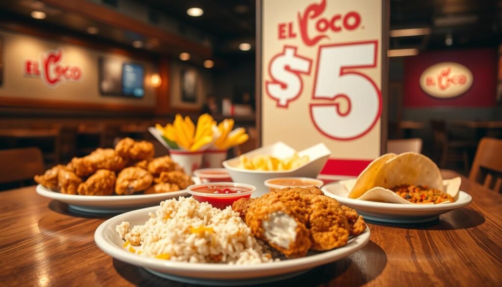 A vibrant dining scene showcasing El Pollo Loco's $5 menu items elegantly arranged on a wooden table. In the foreground, a half-eaten meal featuring crispy chicken, fresh sides like rice, beans, and tortillas with colorful salsa in small bowls. The middle ground displays a variety of appealing combinations of $5 items, emphasizing the variety and value, with bright, appetizing colors that evoke a sense of hunger and excitement. The background features a cozy fast-casual restaurant atmosphere, including dim lighting, wooden accents, and subtle branding elements focusing on warmth and welcoming vibes. The camera angle is close-up to capture the detail of the food while maintaining a sense of the lively environment. The overall mood is inviting and festive, perfect for sharing delightful meal experiences.