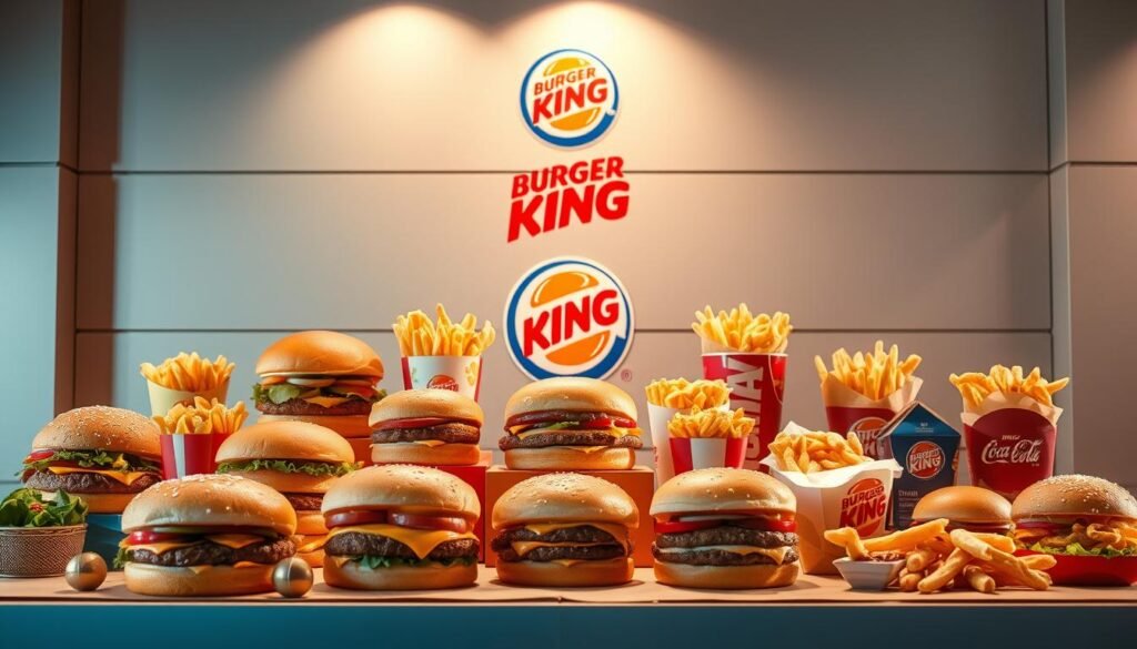 A vibrant display of Burger King's latest limited-time offers, captured in a high-resolution, carefully-lit photograph. In the foreground, an artfully arranged assortment of Burger King's most enticing seasonal and holiday specials, from festive burgers to limited-edition sides, all bathed in warm, golden lighting. The middle ground features a clean, minimalist backdrop, allowing the products to take center stage. In the background, a subtle nod to the Burger King brand, with clean lines and a touch of modern elegance. The overall atmosphere is one of excitement and anticipation, inviting the viewer to explore these delicious, fleeting culinary delights.