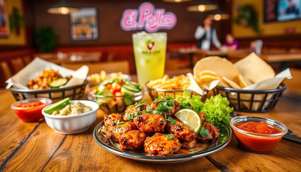 A vibrant display of El Pollo Loco's current specials, featuring a colorful variety of fresh grilled chicken dishes, sides, and salsas arranged creatively on a rustic wooden table. In the foreground, highlight a delicious plate of marinated chicken, garnished with lime and cilantro; next to it, a bowl of freshly made guacamole and a side of fiery salsa. In the middle, include a selection of salads and tortillas, accompanied by a refreshing beverage. The background showcases a cozy restaurant atmosphere with soft, warm lighting that enhances the inviting feel. Capture the scene from a slightly elevated angle, using a shallow depth of field to emphasize the food while gently blurring the background, creating a welcoming and appetizing ambiance that conveys freshness and affordability.
