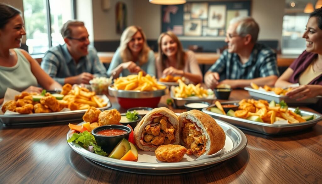 A vibrant family-style meal spread featuring various Chick-fil-A trays, each brimming with golden-brown chicken nuggets, crispy fries, and fresh salads, arranged artfully on a wooden dining table. In the foreground, a large tray displays the signature chicken sandwich cut in half, alongside a colorful fruit tray and dipping sauces. In the middle, family members dressed in modest casual clothing laugh and enjoy the meal together, conveying a warm, inviting atmosphere. The background features a cozy dining room with soft, natural lighting filtering through a window, casting gentle shadows and enhancing the appetizing colors of the food. A well-set table reflects an engaging, communal dining experience perfect for groups.
