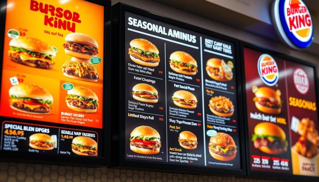 A vibrant, high-resolution image of a Burger King menu board featuring a selection of special seasonal items and limited-time offers. The menu is displayed on a backlit digital screen, with a warm, inviting lighting that highlights the enticing food items. The menu features a mix of classic Burger King favorites as well as unique, seasonal specials, each with a detailed description and mouthwatering visuals. The image is captured from a slightly elevated angle, creating a dynamic and visually compelling composition that showcases the menu in an appetizing and visually striking manner.