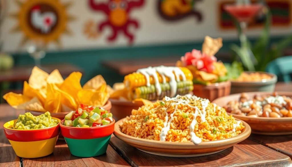 A vibrant, inviting spread featuring a selection of sides from El Pollo Loco's menu, set on a rustic wooden table. In the foreground, colorful bowls of fresh guacamole, pico de gallo, and zesty salsa verde are artfully arranged. Next to them, a small platter of crispy tortilla chips and a generous serving of flavorful Mexican rice add texture to the scene. In the middle ground, a bright, appetizing assortment of charred street corn drizzled with crema and sprinkled with cotija cheese sits alongside a side of tangy beans. The background features soft-focus, warm Mexican decor, creating an inviting atmosphere. The lighting is natural and bright, giving a fresh, wholesome feel to the image, as if captured at a sunny outdoor gathering. A vibrant, inviting spread featuring a selection of sides from El Pollo Loco's menu, set on a rustic wooden table. In the foreground, colorful bowls of fresh guacamole, pico de gallo, and zesty salsa verde are artfully arranged. Next to them, a small platter of crispy tortilla chips and a generous serving of flavorful Mexican rice add texture to the scene. In the middle ground, a bright, appetizing assortment of charred street corn drizzled with crema and sprinkled with cotija cheese sits alongside a side of tangy beans. The background features soft-focus, warm Mexican decor, creating an inviting atmosphere. The lighting is natural and bright, giving a fresh, wholesome feel to the image, as if captured at a sunny outdoor gathering.