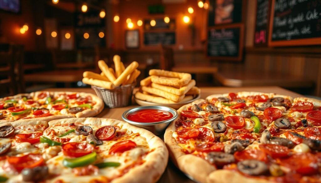 A vibrant, mouthwatering display of popular pizza combos from the 7 Deal Lovers menu at Pizza Hut. In the foreground, a tantalizing array of slices showcasing a variety of toppings - pepperoni, sausage, mushrooms, peppers, and more. The middle ground features a stack of crispy, golden-brown breadsticks and a side of zesty marinara sauce. In the background, a cozy, dimly-lit pizzeria setting with wooden tables, string lights, and a chalkboard menu. The lighting is warm and inviting, casting a soft glow over the scene. The overall mood is one of indulgence, satisfying cravings, and the joy of sharing delicious food with loved ones.