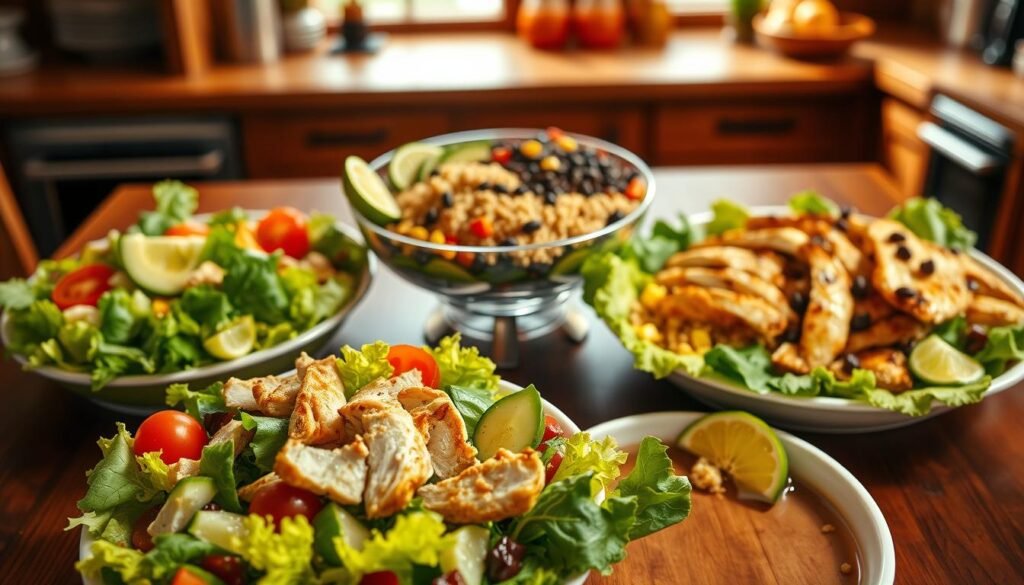 A vibrant overhead view of a selection of El Pollo Loco salads elegantly arranged on a wooden table. The foreground features a colorful garden salad with fresh vegetables like lettuce, tomatoes, cucumbers, and avocado, sprinkled with grilled chicken pieces and a light dressing. In the middle, a Fit Bowl showcases quinoa, black beans, corn, and additional grilled chicken, surrounded by slices of lime for freshness. The background includes a soft-focus of a rustic kitchen setting, bathed in warm, natural light highlighting the freshness of the ingredients. The mood is inviting and health-conscious, perfect for promoting healthy eating. The angle of the shot captures the texture and detail of the salads beautifully, with no people or text present.