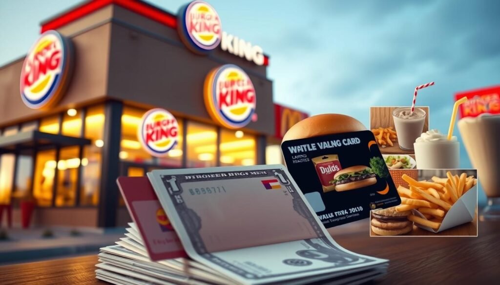 A vibrant, photorealistic image showcasing "Burger King Savings Strategies". In the foreground, a stack of crisp dollar bills and a Burger King loyalty card, symbolizing the financial benefits of the brand's value menu. The middle ground features a Burger King restaurant exterior, with the iconic logo and signage, bathed in warm, golden lighting. In the background, a collage of various Burger King menu items, including a classic cheeseburger, fries, and a milkshake, all arranged in a visually appealing manner. The overall mood is one of practicality, value, and the satisfying experience of enjoying Burger King's affordable, yet delicious offerings.