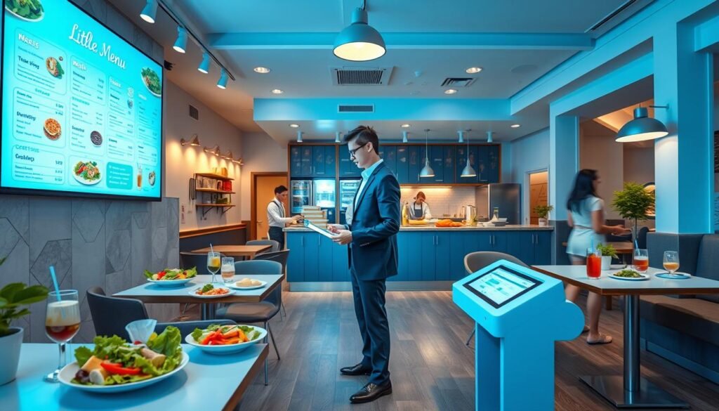 A vibrant scene depicting a modern, cozy ordering space of a "Little Blue Menu" restaurant, featuring a visually appealing digital menu display in shades of blue. In the foreground, a smartly dressed customer, wearing business casual attire, interacts with a touchscreen ordering kiosk. In the middle ground, there are tables with healthy meal options artfully arranged, showcasing colorful salads, wraps, and drinks. The background features an open kitchen with staff members in clean uniforms preparing food. Soft, ambient lighting enhances a welcoming atmosphere, while a wide-angle lens captures the entire layout, emphasizing the convenience of app-only ordering and delivery services. The overall mood is fresh and inviting, highlighting the innovative dining experience. A vibrant scene depicting a modern, cozy ordering space of a "Little Blue Menu" restaurant, featuring a visually appealing digital menu display in shades of blue. In the foreground, a smartly dressed customer, wearing business casual attire, interacts with a touchscreen ordering kiosk. In the middle ground, there are tables with healthy meal options artfully arranged, showcasing colorful salads, wraps, and drinks. The background features an open kitchen with staff members in clean uniforms preparing food. Soft, ambient lighting enhances a welcoming atmosphere, while a wide-angle lens captures the entire layout, emphasizing the convenience of app-only ordering and delivery services. The overall mood is fresh and inviting, highlighting the innovative dining experience.