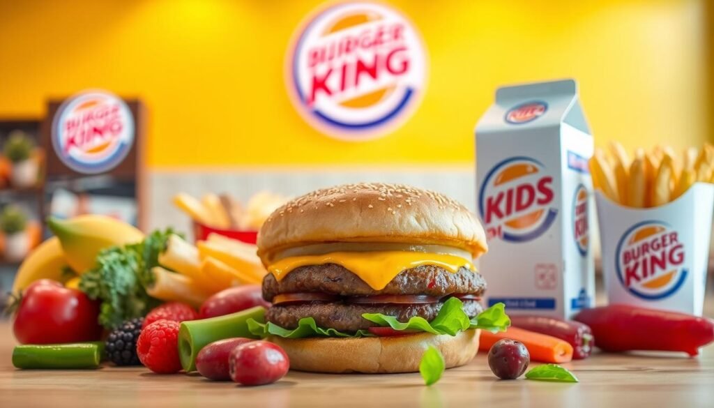 A vibrant scene of a Burger King kids meal featuring a variety of healthy options. In the foreground, an array of fresh fruits, crisp vegetables, and a small cheeseburger with a whole-wheat bun. In the middle ground, a milk carton and a small portion of french fries. The background showcases the iconic Burger King logo and a cheerful, kid-friendly atmosphere with bright colors and soft lighting. The overall composition conveys a balanced, nutritious meal choice that caters to the needs of young diners. A vibrant scene of a Burger King kids meal featuring a variety of healthy options. In the foreground, an array of fresh fruits, crisp vegetables, and a small cheeseburger with a whole-wheat bun. In the middle ground, a milk carton and a small portion of french fries. The background showcases the iconic Burger King logo and a cheerful, kid-friendly atmosphere with bright colors and soft lighting. The overall composition conveys a balanced, nutritious meal choice that caters to the needs of young diners.