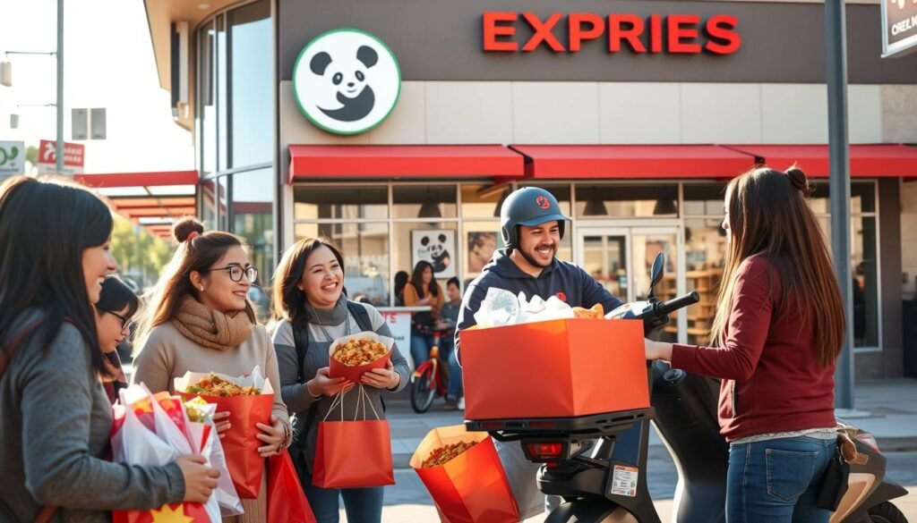 A vibrant scene showcasing a Panda Express restaurant in Great Falls, featuring its signature orange and red branding prominently. In the foreground, a diverse group of people in modest casual clothing are engaging in a friendly conversation while holding takeout bags filled with colorful Chinese dishes. In the middle, a delivery driver is preparing to load a freshly packed delivery order into a scooter, emphasizing the takeaway service. The background includes the modern architecture of the restaurant with large glass windows and the surrounding street with clear signage. Soft afternoon sunlight bathes the scene in a warm glow, creating an inviting atmosphere that captures the ease of ordering food for delivery or pickup. The focus is on the bustling energy and variety offered by the menu. A vibrant scene showcasing a Panda Express restaurant in Great Falls, featuring its signature orange and red branding prominently. In the foreground, a diverse group of people in modest casual clothing are engaging in a friendly conversation while holding takeout bags filled with colorful Chinese dishes. In the middle, a delivery driver is preparing to load a freshly packed delivery order into a scooter, emphasizing the takeaway service. The background includes the modern architecture of the restaurant with large glass windows and the surrounding street with clear signage. Soft afternoon sunlight bathes the scene in a warm glow, creating an inviting atmosphere that captures the ease of ordering food for delivery or pickup. The focus is on the bustling energy and variety offered by the menu.