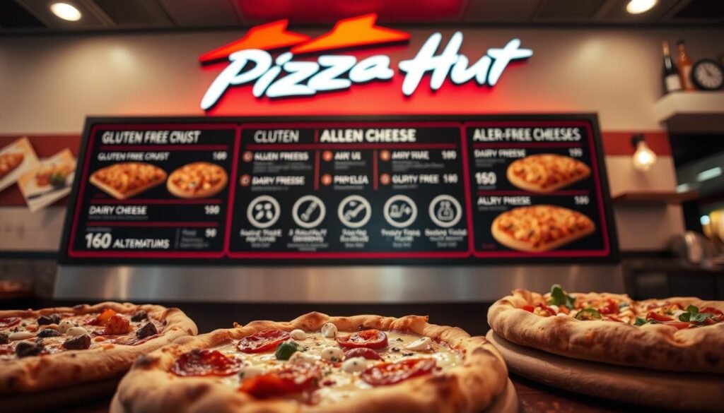 A visually appealing Pizza Hut menu board, showcasing a variety of allergen-friendly pizza options. The foreground features an array of mouthwatering pizzas, including a gluten-free crust, dairy-free cheese, and vegetable toppings. The middle ground displays clear icons and labels indicating the allergen-friendly nature of each item. In the background, a warm, inviting atmosphere with subtle lighting and a clean, modern restaurant interior sets the scene. The overall composition conveys a sense of accessibility, quality, and culinary expertise in accommodating various dietary needs.