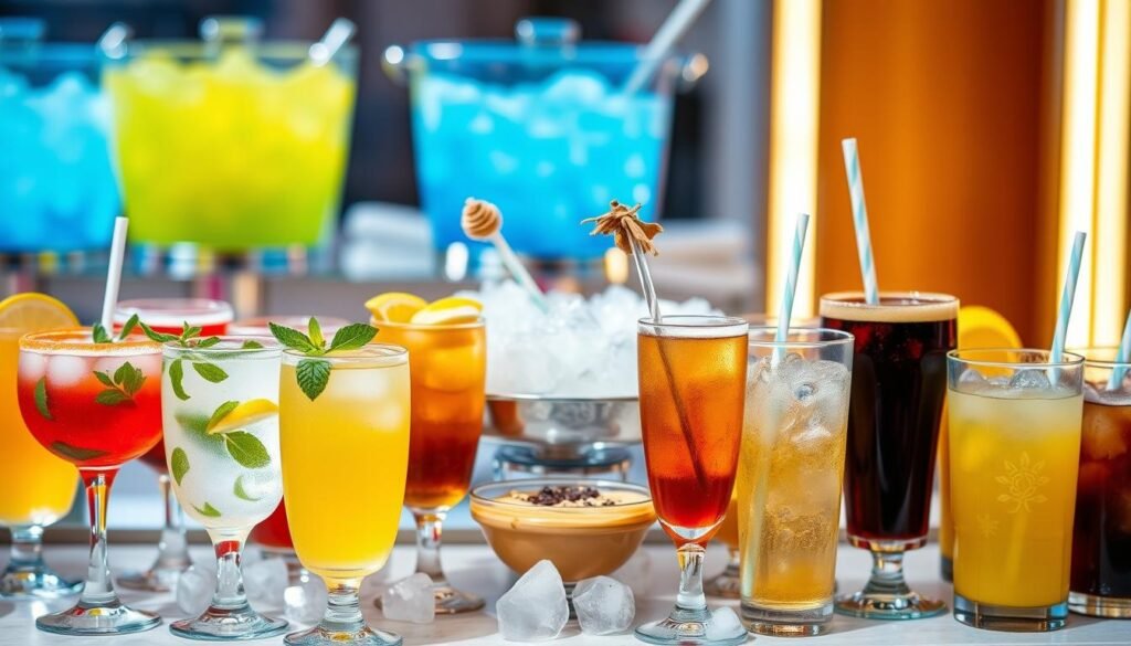 A visually appealing arrangement of assorted drinks designed for a catering event, featuring a variety of colorful beverages in elegant glassware. In the foreground, showcase a refreshing lemonade with mint leaves, a vibrant iced tea with lemon slices, and a classic soda in tall glasses. The middle layer includes ice-filled bowls of sauces, such as honey mustard and barbecue, surrounded by garnished drink stirrers. In the background, blurred images of vibrant ice buckets and a well-lit catering setup create a warm, inviting atmosphere. The lighting is bright, capturing the freshness of the drinks, with a shallow depth of field to emphasize the foreground details. The overall mood is festive yet professional, evoking the excitement of a gathering. A visually appealing arrangement of assorted drinks designed for a catering event, featuring a variety of colorful beverages in elegant glassware. In the foreground, showcase a refreshing lemonade with mint leaves, a vibrant iced tea with lemon slices, and a classic soda in tall glasses. The middle layer includes ice-filled bowls of sauces, such as honey mustard and barbecue, surrounded by garnished drink stirrers. In the background, blurred images of vibrant ice buckets and a well-lit catering setup create a warm, inviting atmosphere. The lighting is bright, capturing the freshness of the drinks, with a shallow depth of field to emphasize the foreground details. The overall mood is festive yet professional, evoking the excitement of a gathering.