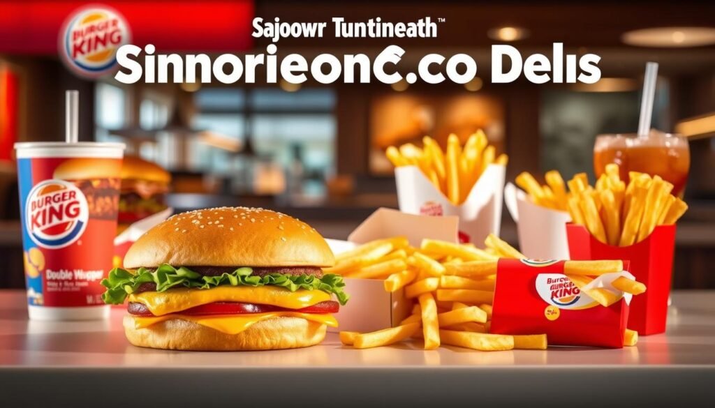 A visually-appealing display of Burger King's signature dinner combo deals, featuring a vibrant, well-lit arrangement of the brand's iconic burgers, fries, and beverages. The foreground showcases the main meal components - a juicy Whopper burger, crisp golden-brown french fries, and a refreshing soft drink - arranged neatly on a clean, modern surface. The middle ground reveals additional combo options, such as a Double Whopper and a Chicken Sandwich, while the background suggests the warm, inviting atmosphere of a Burger King restaurant. Warm, natural lighting bathes the scene, creating a mouthwatering, appetizing ambiance that evokes the satisfying, family-friendly dining experience of Burger King's dinner menu.