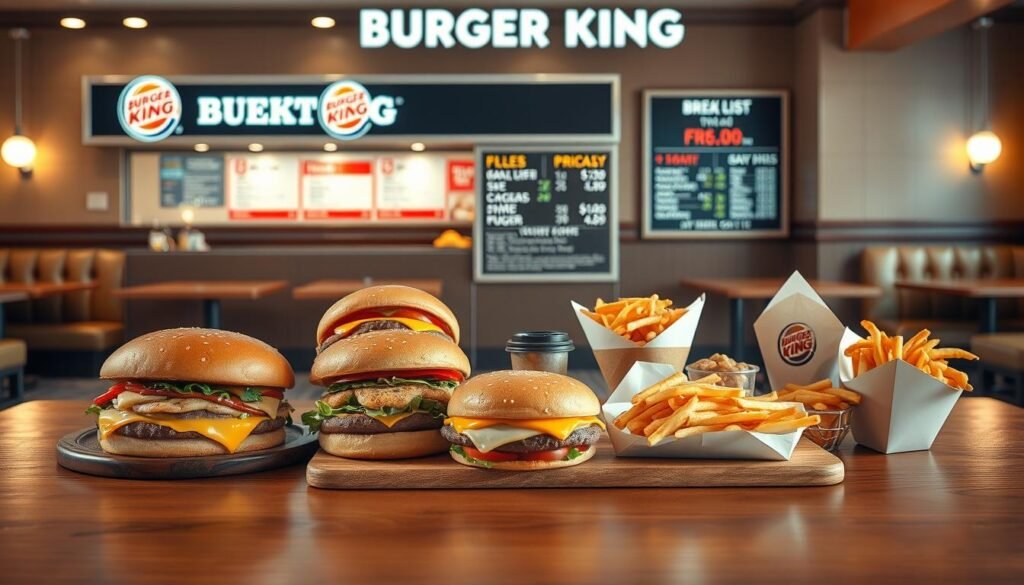 A visually appealing high-resolution image of Burger King's breakfast deals and pricing, captured in a warm, inviting diner-style setting. The foreground features an elegantly presented lineup of various breakfast sandwiches, burgers, and sides, arranged on a polished wooden table with a subtle vintage-inspired aesthetic. The middle ground showcases a modern, well-lit Burger King storefront with clear pricing and menu information displayed in a clean, legible manner. The background gently blurs into a cozy, retro-inspired diner interior, complete with plush booth seating, classic tile flooring, and muted lighting that creates a comforting, nostalgic atmosphere. The overall composition conveys a sense of mouthwatering temptation and the promise of a satisfying, high-quality breakfast experience at Burger King.