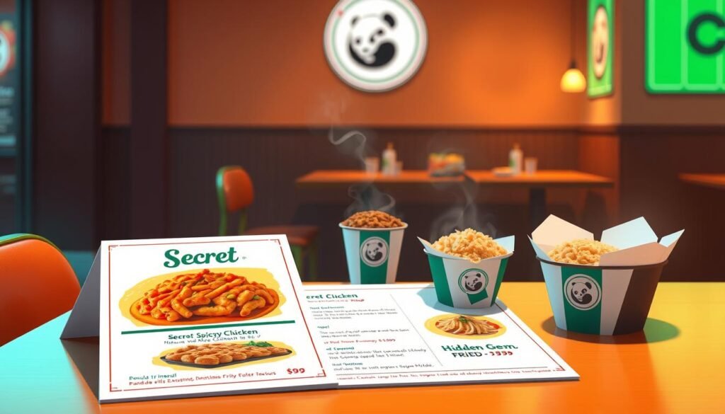 A visually appealing illustration showcasing a stylish restaurant table set against a softly lit Panda Express backdrop. In the foreground, a neatly arranged menu with vibrant images of popular secret menu items, elegantly presented alongside their respective prices displayed in an artistic font. The middle ground features a whimsical depiction of steaming food items like a secret spicy chicken dish and a hidden gem fried rice, all served in signature Panda Express containers. The background subtly showcases the restaurant's decor, infused with warm, inviting colors and ambient lighting that creates a cozy dining atmosphere. Capture a sense of curiosity and excitement as viewers explore the hidden culinary delights. Use a slight overhead angle to emphasize both the menu and the enticing food on the table, enhancing the overall allure of the scene.