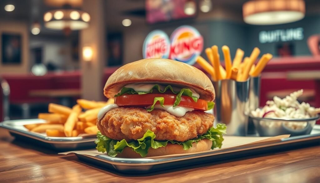 A visually appealing image of a Burger King Fish Sandwich Deal, captured in a warm, inviting diner-style setting. In the foreground, a juicy, crispy-fried fish patty is nestled between toasted buns, garnished with fresh lettuce, tomato, and a creamy tartar sauce. The middle ground features an array of side dishes, such as golden-brown fries and a refreshing coleslaw, arranged neatly on a classic diner-style tray. The background showcases the warm, retro ambiance of the Burger King restaurant, with vintage-inspired decor, soft lighting, and a subtle hint of nostalgia. The overall composition conveys the delightful experience of indulging in a satisfying Burger King Fish Sandwich Deal.