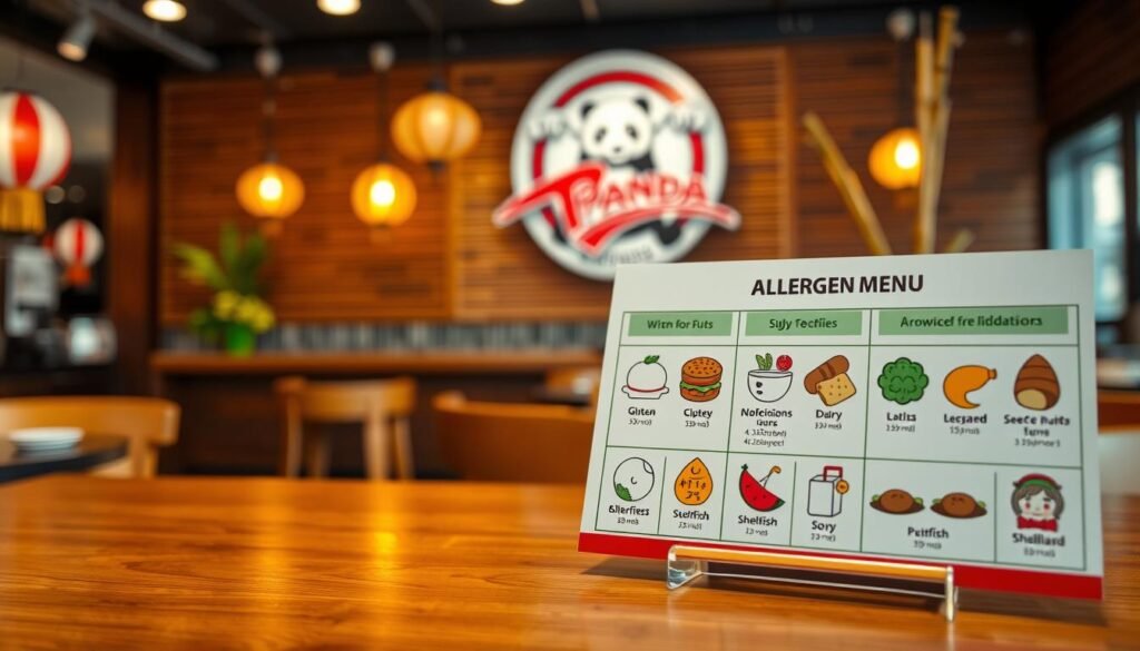 A well-organized, visually appealing table showcasing the Panda Express allergen menu, prominently displayed on a wooden table with a warm, inviting ambiance. In the foreground, focus on neatly arranged food icons representing various allergens, such as gluten, nuts, dairy, soy, and shellfish, each with a distinct color theme to indicate their presence or absence. The middle layer features a soft-focus image of a Panda Express restaurant backdrop, enhancing the setting without distracting from the main subject. The background showcases faint elements of Asian-inspired decor, such as lanterns and bamboo, to evoke the essence of the cuisine. Soft, natural lighting enhances the atmosphere, creating an informative yet welcoming mood. Use a slightly tilted angle to capture depth and encourage viewer engagement. A well-organized, visually appealing table showcasing the Panda Express allergen menu, prominently displayed on a wooden table with a warm, inviting ambiance. In the foreground, focus on neatly arranged food icons representing various allergens, such as gluten, nuts, dairy, soy, and shellfish, each with a distinct color theme to indicate their presence or absence. The middle layer features a soft-focus image of a Panda Express restaurant backdrop, enhancing the setting without distracting from the main subject. The background showcases faint elements of Asian-inspired decor, such as lanterns and bamboo, to evoke the essence of the cuisine. Soft, natural lighting enhances the atmosphere, creating an informative yet welcoming mood. Use a slightly tilted angle to capture depth and encourage viewer engagement.