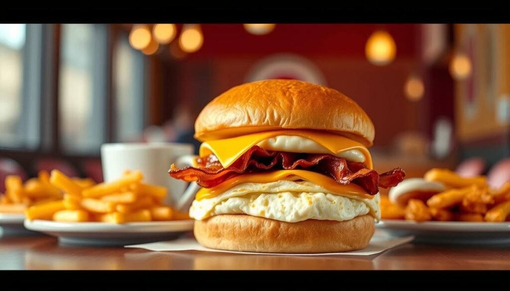 Burger King Breakfast Value Menu, a delectable array of morning delights against a backdrop of warm, inviting lighting. In the foreground, a meticulously crafted burger bun, golden and crisp, framing a stack of savory ingredients - fluffy scrambled eggs, crispy bacon, and a perfectly melted slice of American cheese. The middle ground showcases an array of complementary breakfast items, from a piping hot cup of freshly brewed coffee to a side of hash browns, all arranged with a keen eye for balance and visual appeal. The background is a softly blurred diner-style setting, hinting at the cozy, comforting atmosphere that envelops the scene. The overall mood is one of indulgence and satisfaction, inviting the viewer to explore these budget-friendly breakfast options.