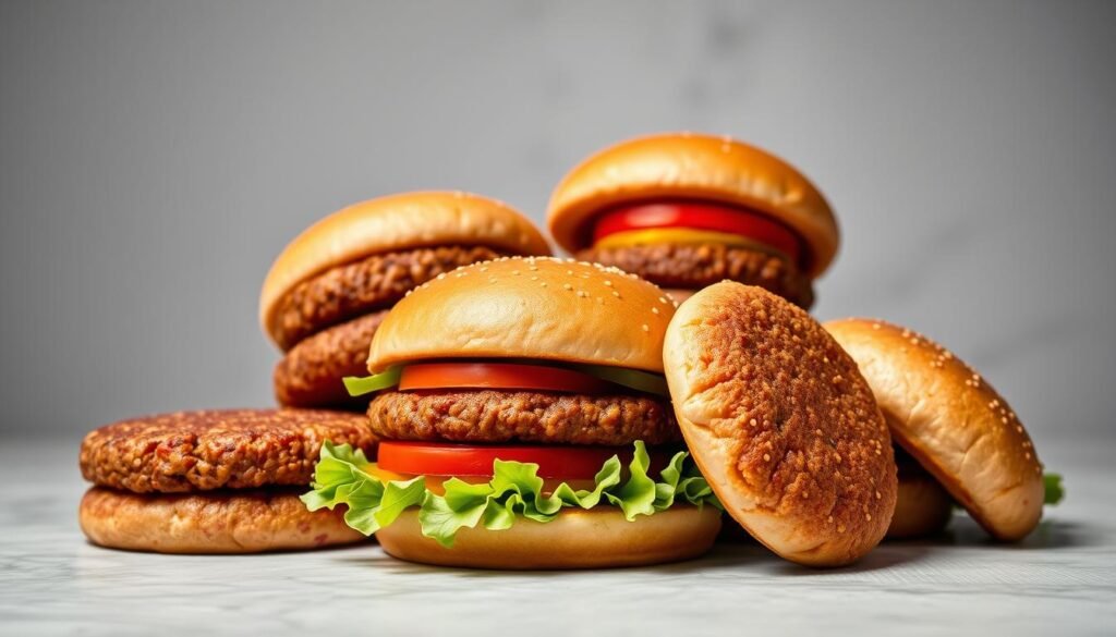 Burger King Plant-Based Burger Options: A vibrant close-up of a selection of Burger King's plant-based burger patties, including the Impossible Whopper and other alternative protein options. The patties are arranged on a modern, minimalist background, showcasing their juicy, textured appearance. Soft, diffused lighting highlights the rich colors and natural sheen of the plant-based ingredients. The composition emphasizes the visual appeal and culinary expertise behind Burger King's plant-based offerings, inviting the viewer to imagine the satisfying taste and nutritional benefits of these meatless burger alternatives.