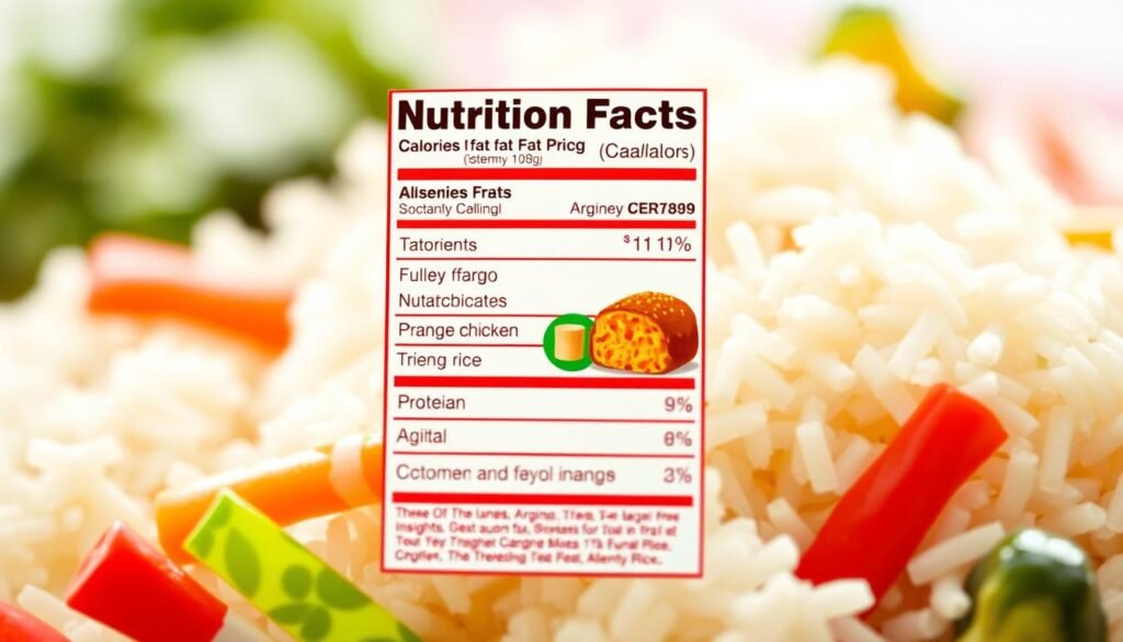 Create a detailed illustration of a nutrition facts label for Panda Express, prominently featuring vibrant colors associated with the brand, such as red and orange. In the foreground, highlight specific nutritional elements like calories, fat, protein, and carbohydrates in clear, bold text. In the middle ground, include visual icons of popular menu items like orange chicken and fried rice, artistically represented beside relevant nutritional figures. The background should be filled with soft, blurred shapes of vegetables and rice to create a fresh, appetizing atmosphere. Use bright, natural lighting to evoke a healthy dining experience. The overall mood should be informative and engaging, inviting readers to explore Panda Express's food offerings while emphasizing dietary insights and allergen notes.