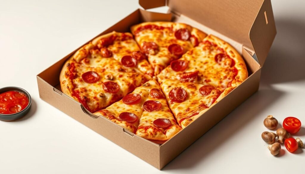 Detailed close-up of a Pizza Hut Big Dinner Box, showcasing the various components. The box is positioned on a clean, white surface, evenly lit from above to highlight its textures and colors. The pizza slices are neatly arranged, steam rising from the melted cheese. Alongside the box, a few choice ingredients like pepperoni and mushrooms are scattered, complementing the main dish. The overall mood is appetizing and inviting, capturing the essence of a satisfying, value-packed Pizza Hut dining experience.