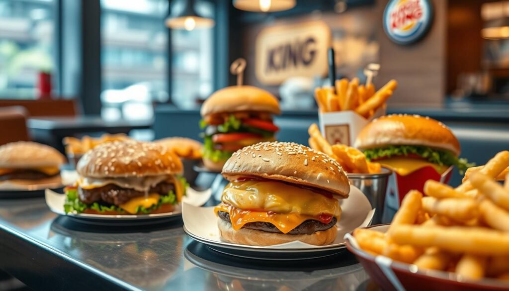 Detailed close-up view of a Burger King secret menu, presented on a sleek, modern restaurant table setting. In the foreground, a selection of signature Burger King sandwiches and sides, meticulously crafted with fresh, high-quality ingredients. The middle ground showcases a variety of unique and off-the-menu creations, such as the secret Big King, the elusive Suicide Burger, and the legendary Cheesy Tots. The background is softly blurred, creating a sense of depth and focus on the delectable dishes. The lighting is warm and inviting, highlighting the rich colors and textures of the food. The overall atmosphere conveys a sense of exclusive, insider knowledge and the promise of a delightful culinary experience.