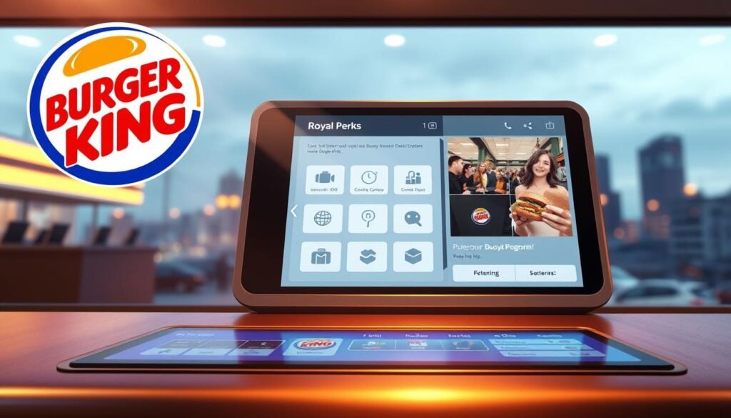 Detailed digital illustration of the Burger King "Royal Perks" program with a sleek, modern interface. In the foreground, a stylized Burger King logo and the "Royal Perks" branding, rendered in a metallic, high-gloss finish. The middle ground showcases a touchscreen display with intuitive digital ordering options, highlighted by bold typography and clean iconography. The background features a softly blurred cityscape, conveying a sense of urban sophistication. The overall composition has a crisp, high-resolution look, with warm lighting and subtle reflections that create a premium, tech-savvy atmosphere.