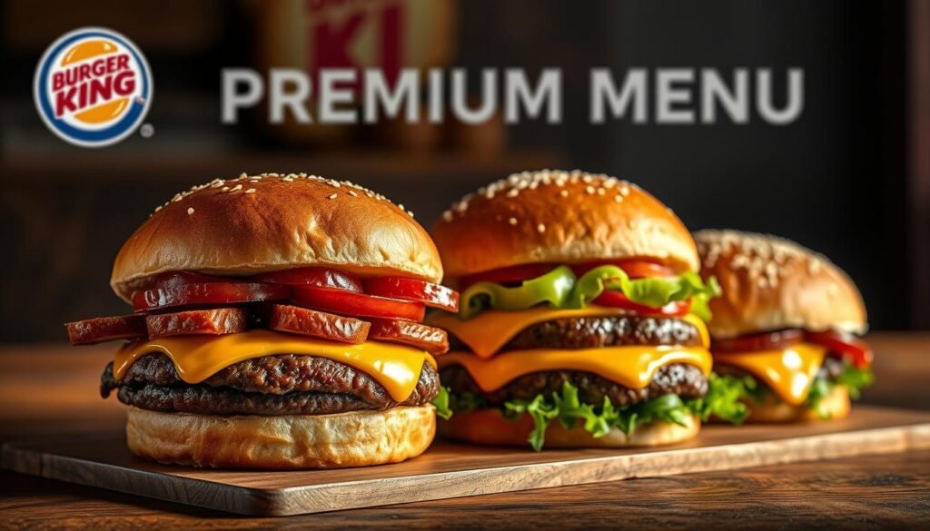 Detailed, hyper-realistic image of the Burger King Premium Burger Menu, featuring a visually striking arrangement of premium burgers on a wooden surface. The burgers are presented with precision, showcasing their gourmet toppings, melted cheese, and perfectly toasted buns. Soft, natural lighting illuminates the scene, casting warm shadows and highlights that accentuate the burgers' textures and colors. The background is blurred, keeping the focus on the premium burger selection. The overall composition conveys a sense of high-quality, artisanal craftsmanship and culinary excellence.