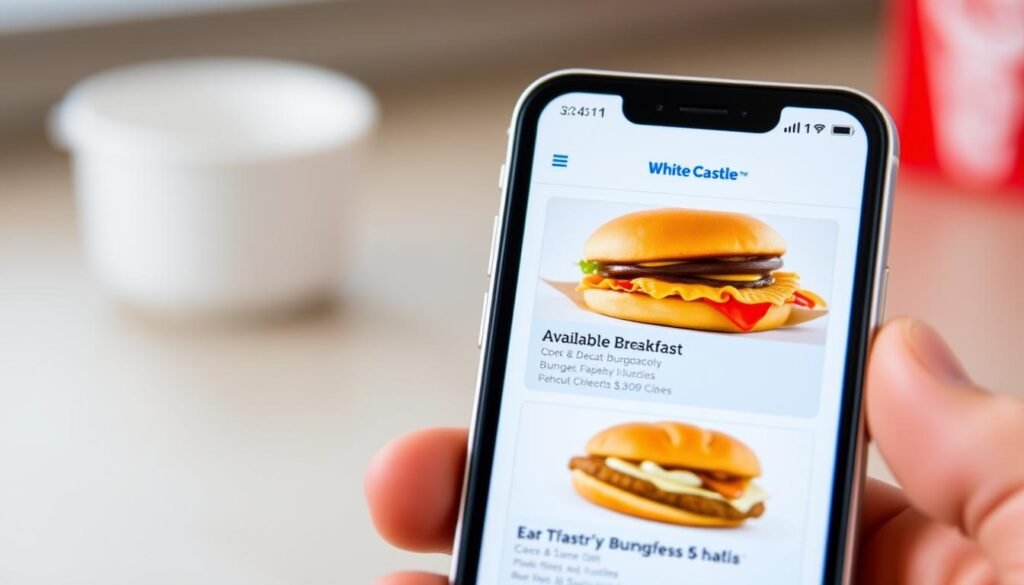 High-quality photograph of a smartphone screen displaying the White Castle mobile app menu with available breakfast items. The app interface is clean and modern, with crisp high-resolution graphics and an intuitive layout. The screen is well-lit, captured at an angle that showcases the menu options clearly. The background is blurred, placing the focus on the app display. The overall scene conveys a sense of convenience and accessibility, reflecting the ease of ordering White Castle breakfast through their digital platform.